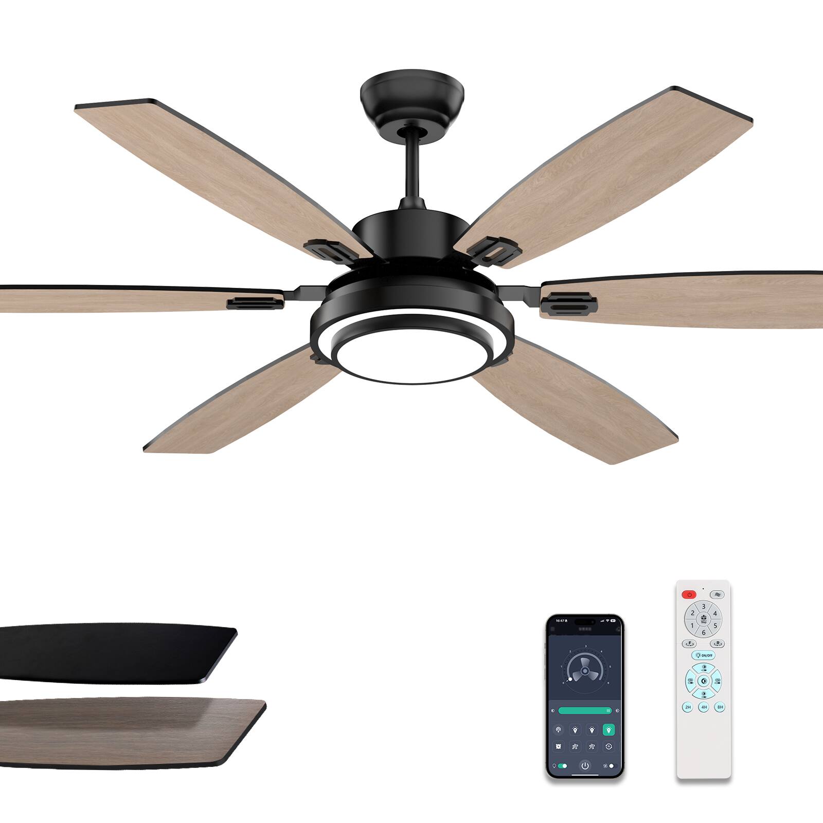 Front. Siljoy - 60-in Black Ceiling Fan with black or oak Color Blades Ceiling Fan With Light-Remote Included - Black.