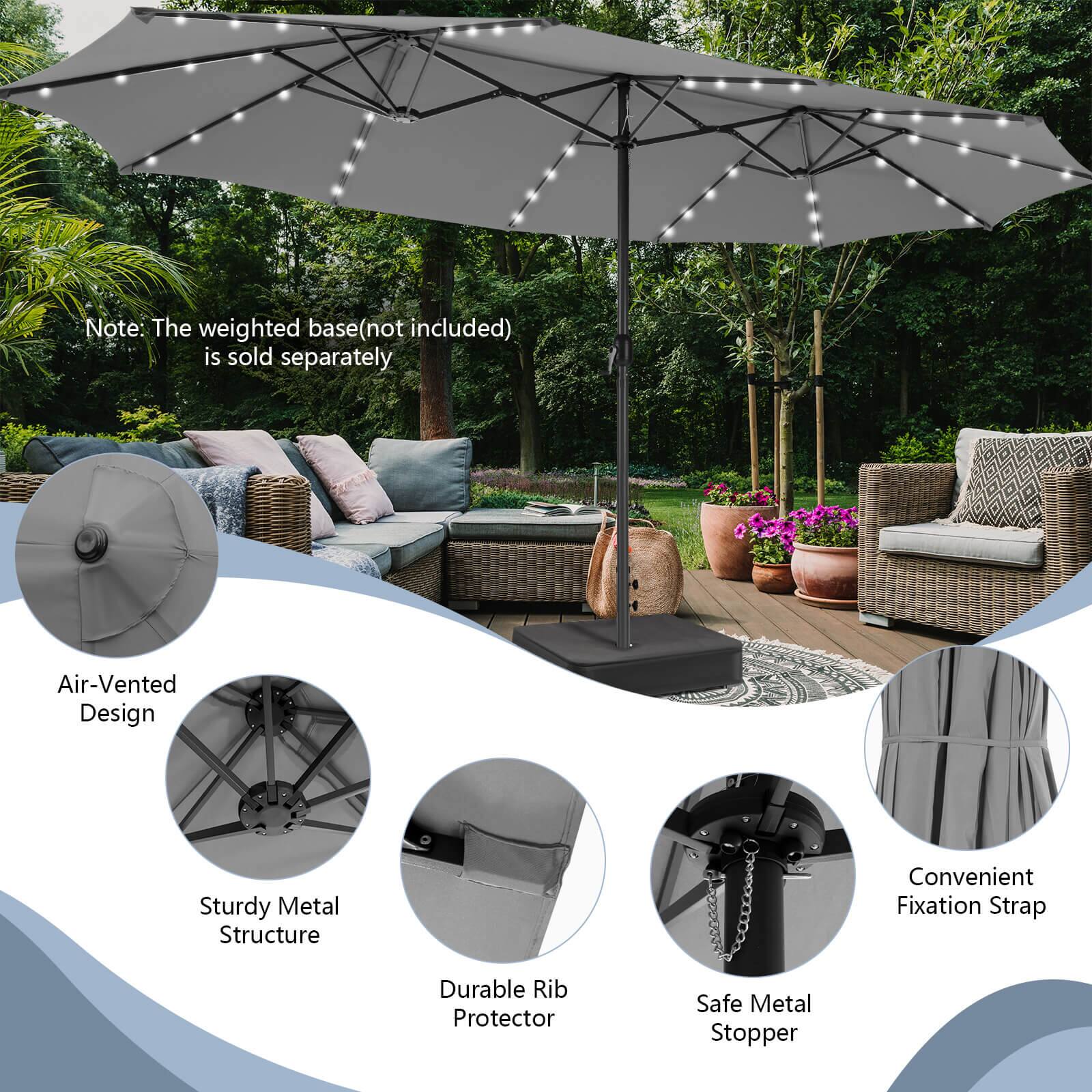 The image features an umbrella that is open and placed on a deck. The umbrella is surrounded by furniture, including a couch and a chair. The umbrella is described as having an air-vented design, a sturdy metal structure, and a convenient fixation strap. Additionally, it is equipped with a durable rib protector and a safe metal stopper.