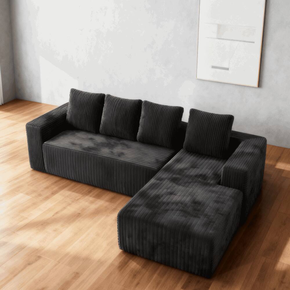 Left. Kadyn - Cloud Sectional Couch, L-Shape Right Chaise, Deep Seat Corduroy, No Assembly - Black.