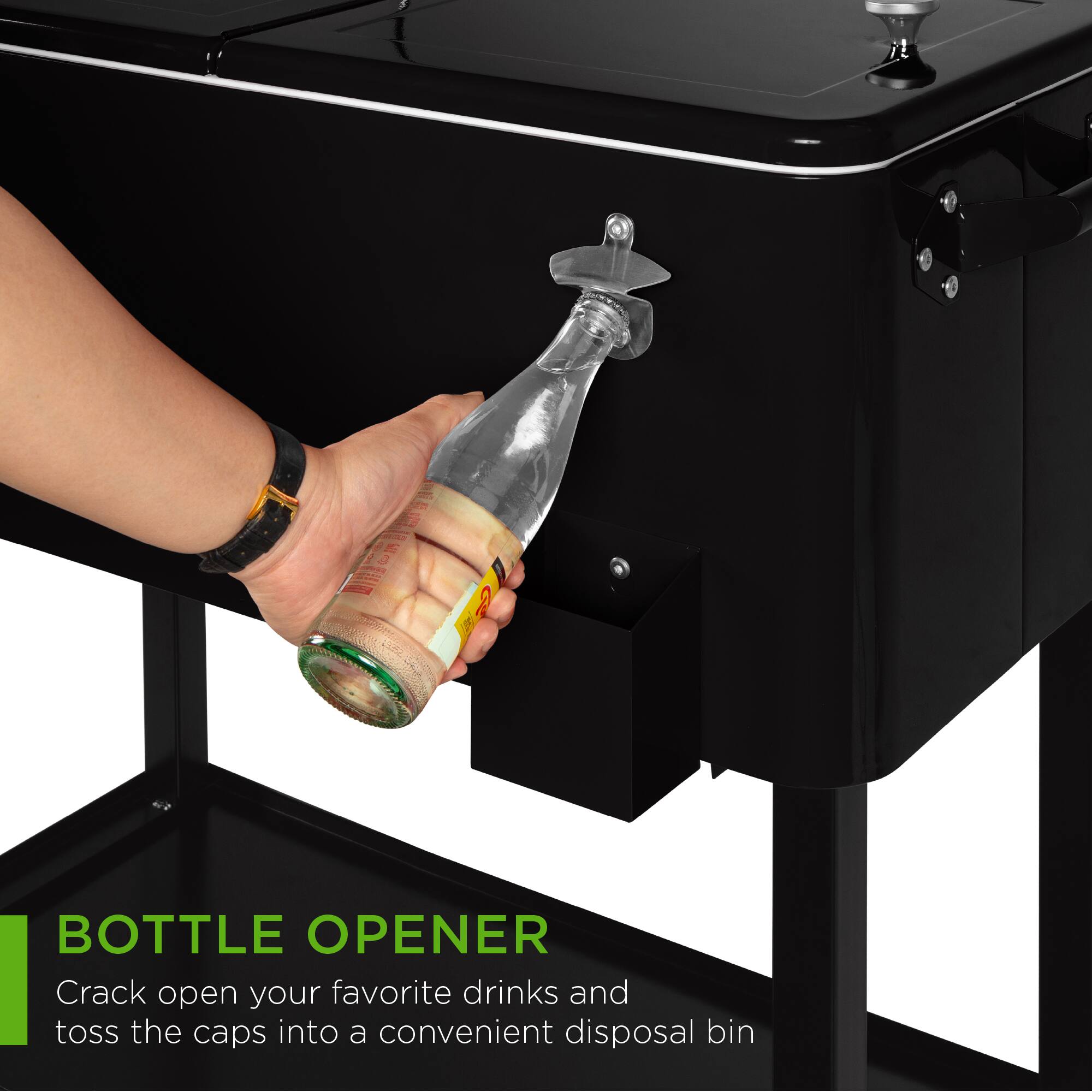 BOTTLE OPENER  
Crack open your favorite drinks and toss the caps into a convenient disposal bin