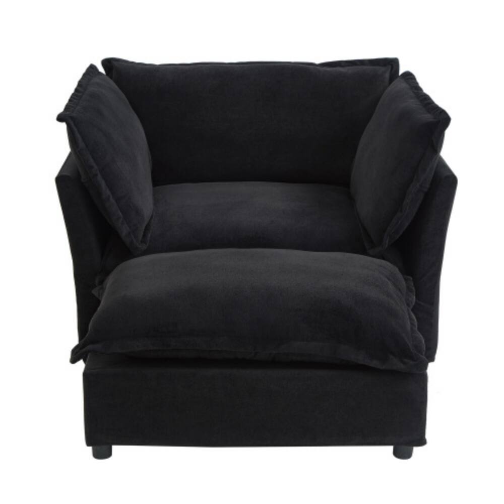 Alt View 7. LUCKY ONE - 47" Modern Armchair Sofa w/ Movable Ottoman Wide Seat Curved Armrests 2 Pillows - Black.