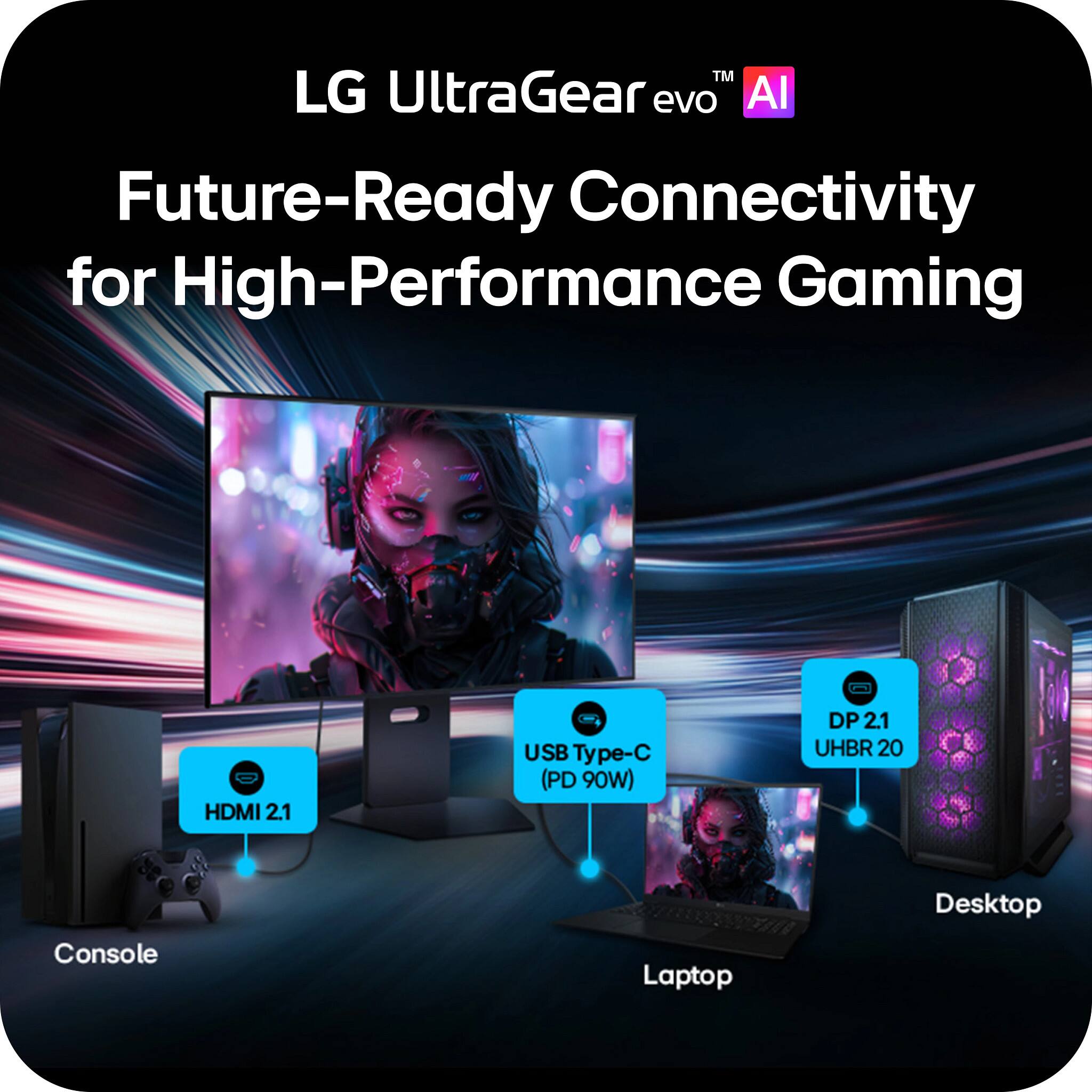 LG UltraGear evo™ AI  
Future-Ready Connectivity for High-Performance Gaming  
HDMI 2.1  
USB Type-C (PD 90W)  
DP 2.1 UHBR 20  
Console  
Laptop  
Desktop