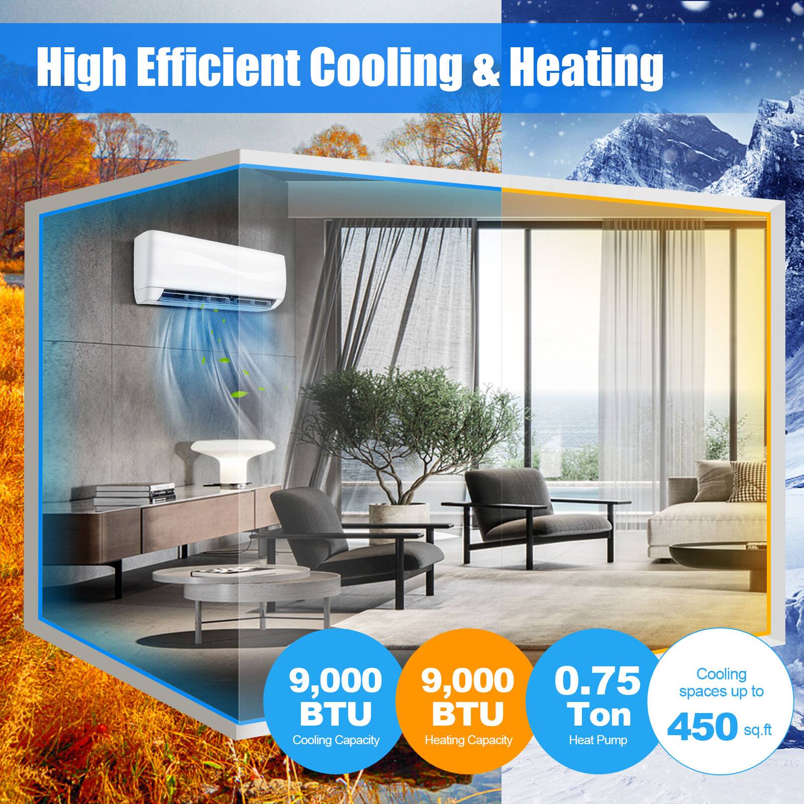High Efficient Cooling & Heating
9,000 BTU
9,000 BTU
0.75 Ton
Cooling Capacity
Heating Capacity
Cooling spaces up to 450 sq.ft
Heat Pump