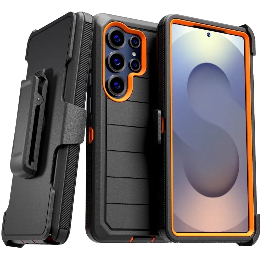 RomeTech - Defender Case for Samsung Galaxy S25 Ultra with Belt Clip, Kickstand, Dual-Layer, Black/Orange - Black / Orange