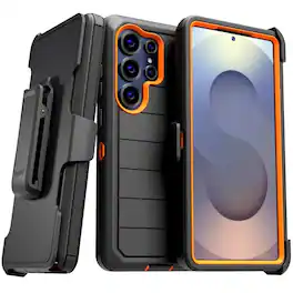 RomeTech - Defender Case for Samsung Galaxy S25 Ultra with Belt Clip, Kickstand, Dual-Layer, Black/Orange - Black / Orange