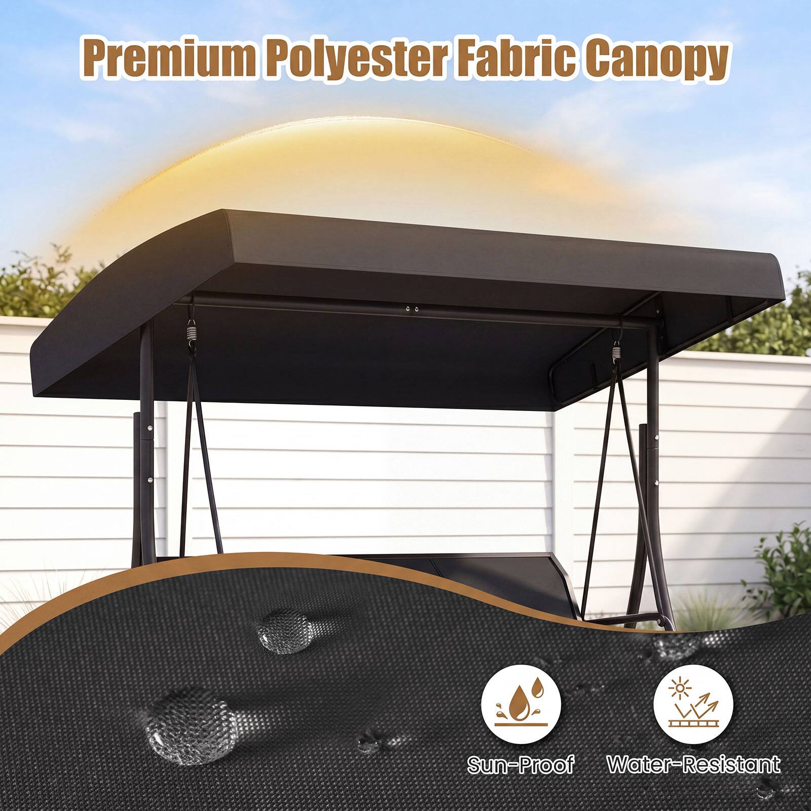 Premium Polyester Fabric Canopy  
Sun-Proof  
Water-Resistant
