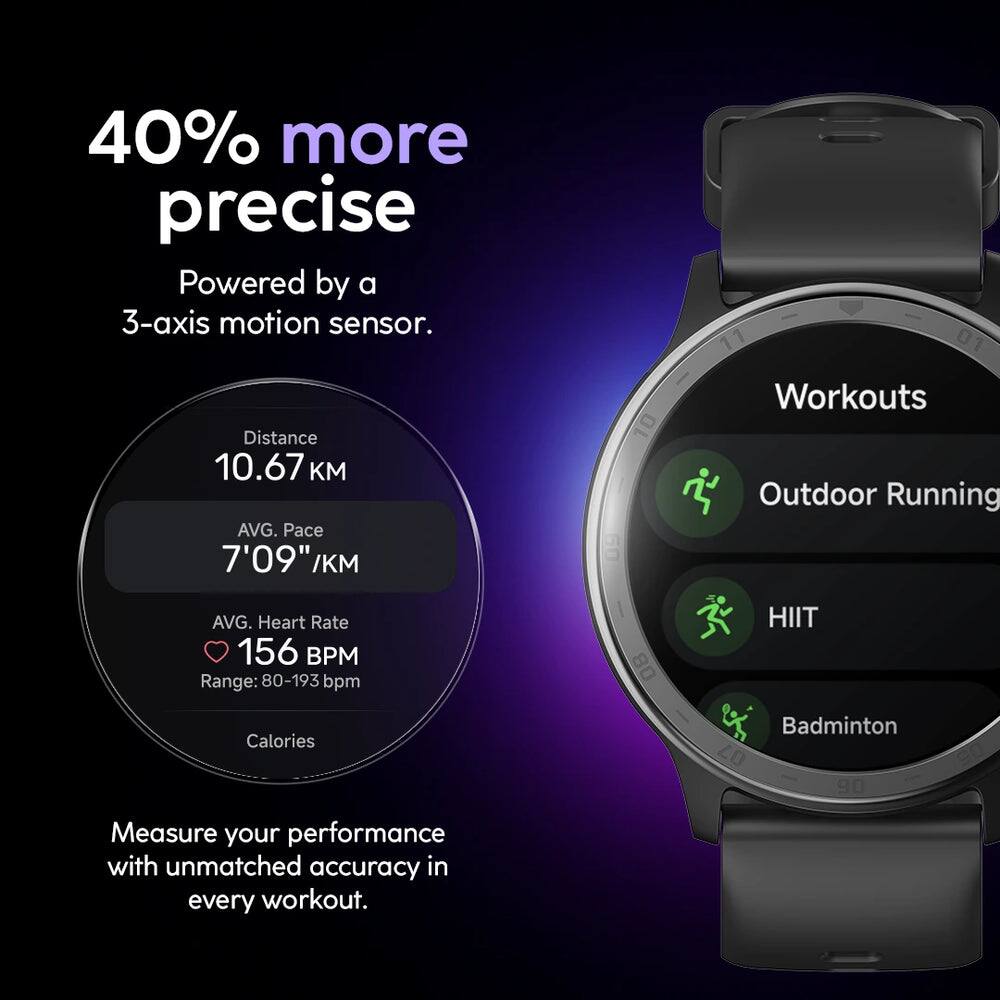 40% more precise  
Powered by a 3-axis motion sensor.  

Distance: 10.67 KM  
AVG. Pace: 7'09" /KM  
AVG. Heart Rate: 156 BPM (Range: 80-193 bpm)  

Workouts:  
- Outdoor Running  
- HIIT  
- Badminton  

Measure your performance with unmatched accuracy in every workout.
