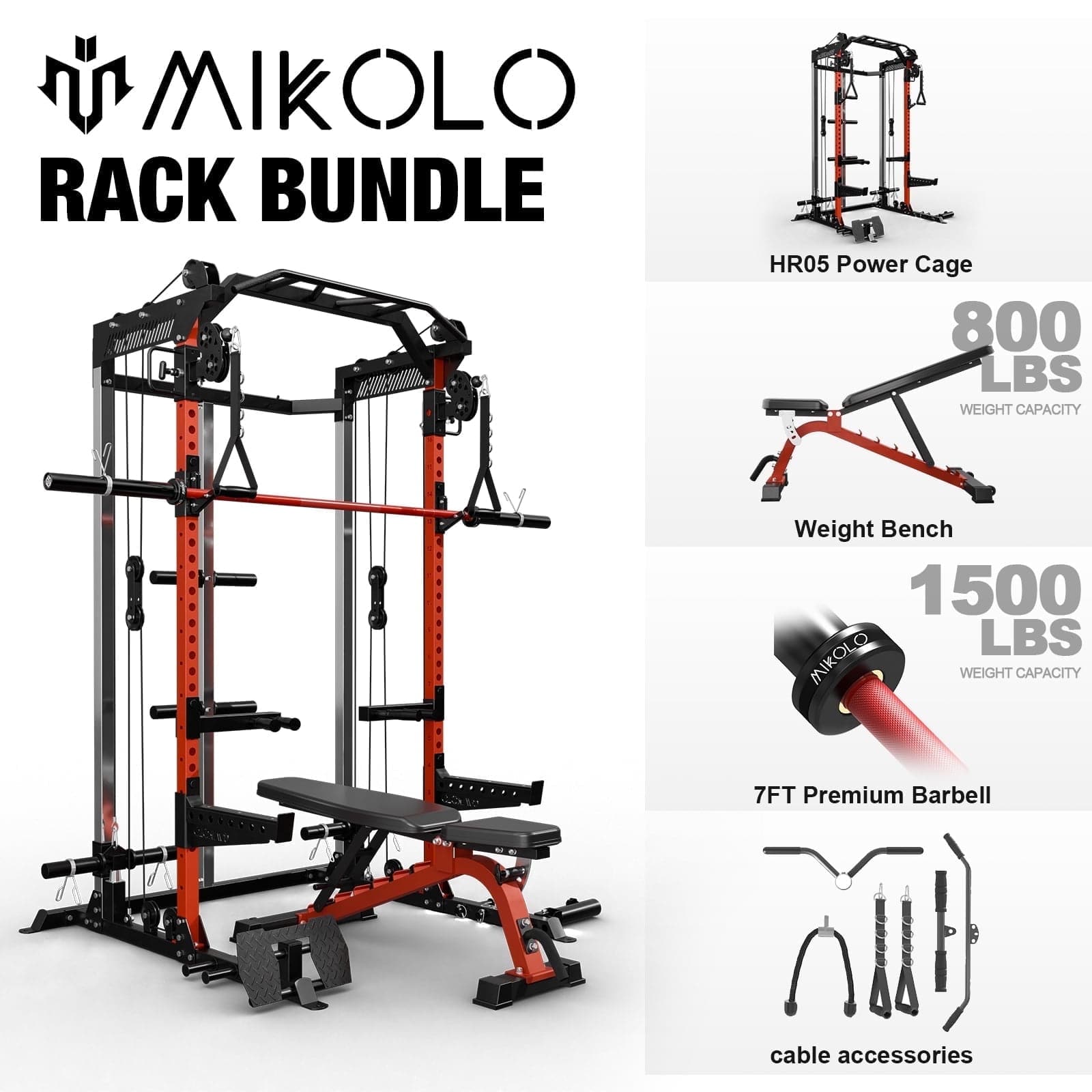 Mikolo - Power Rack Cage, Weight Rack,Multi-Function Squat Rack with J Hooks,Dip Bars and Landmine - Red