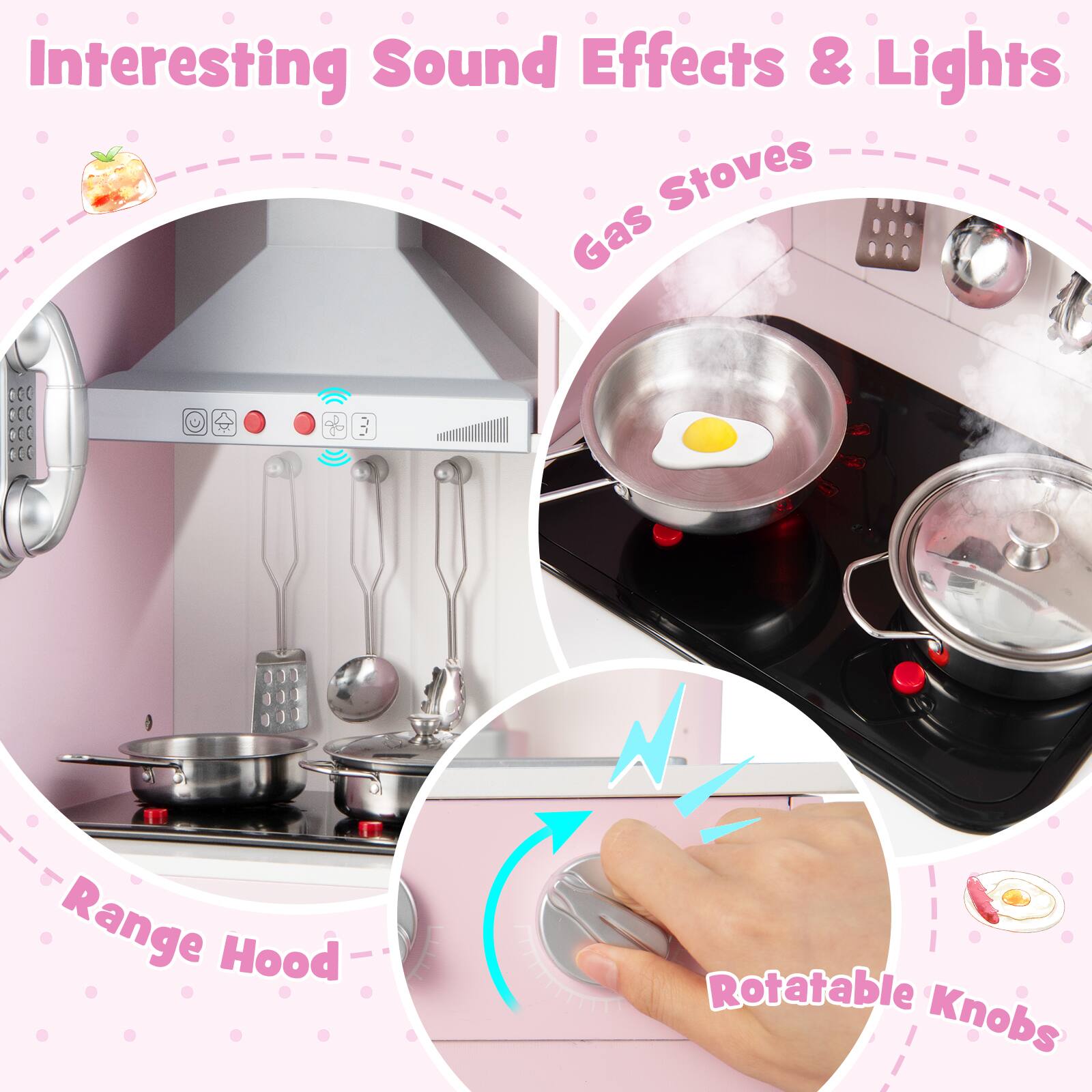 Interesting Sound Effects & Lights  
Gas Stoves  
Range Hood  
Rotatable Knobs
