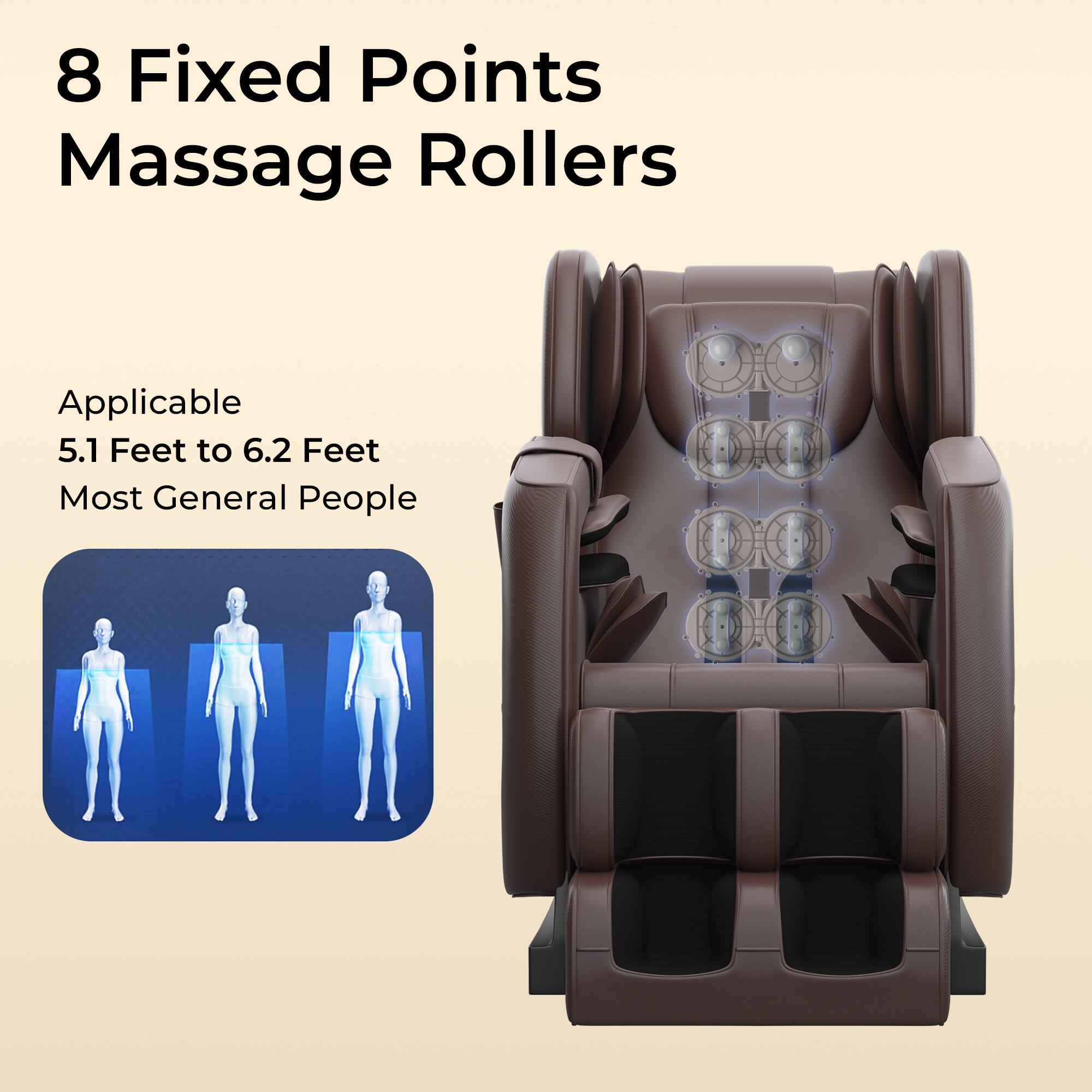 8 Fixed Points Massage Rollers

Applicable  
5.1 Feet to 6.2 Feet  
Most General People