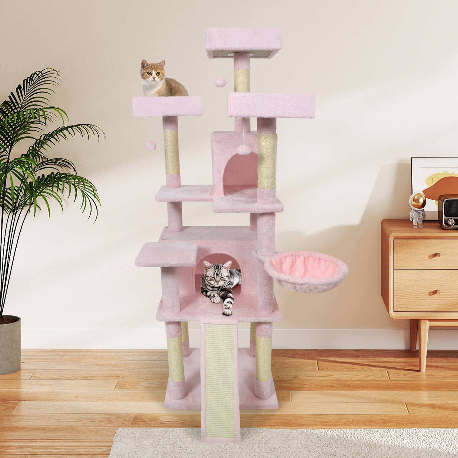 Alt View 1. Costway - Costway 65" Tall Multi-level Cat Tree with 3 Upholstered Top Perch 2 Cat Condos Cat Basket.