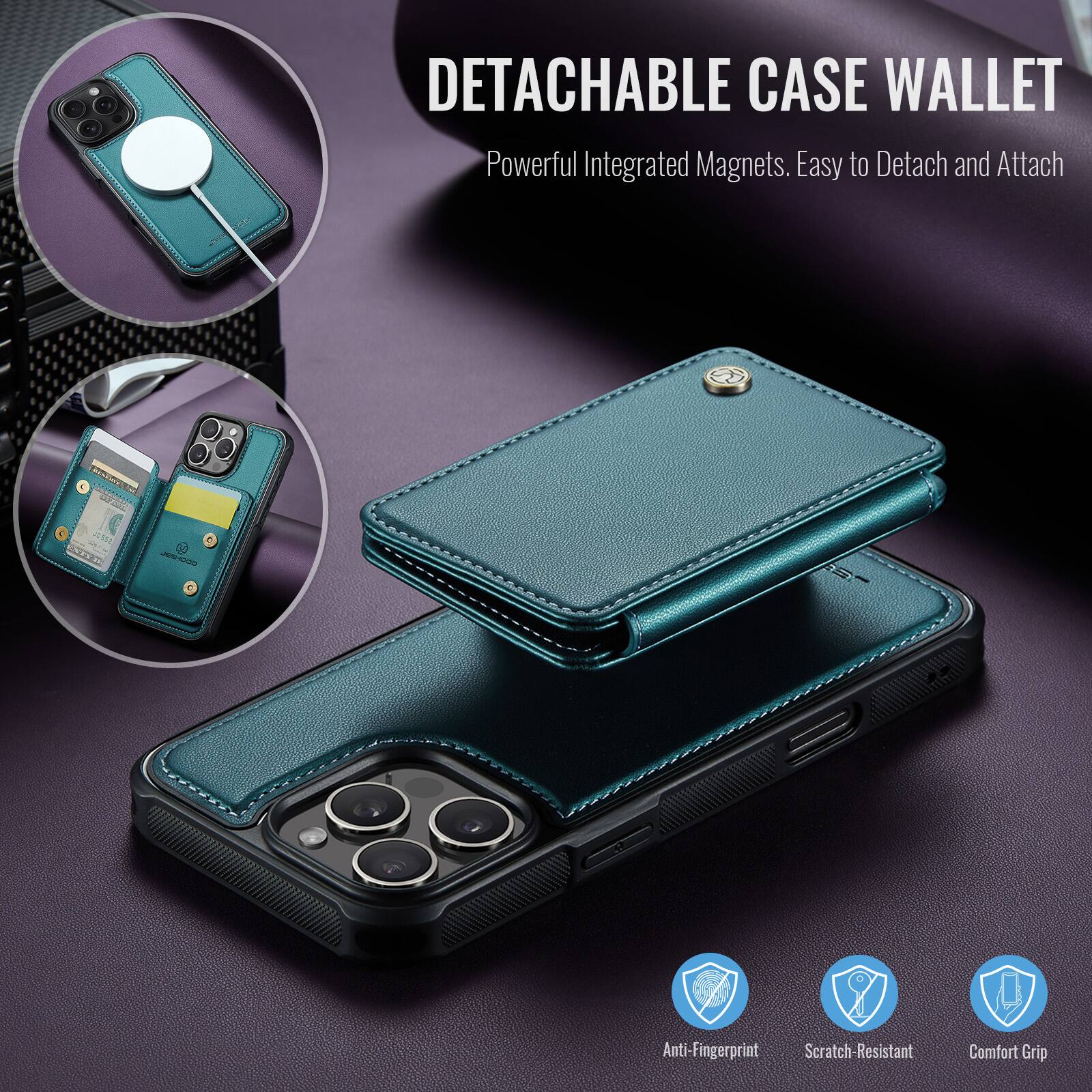 DETACHABLE CASE WALLET  
Powerful Integrated Magnets. Easy to Detach and Attach  

Anti-Fingerprint  
Scratch-Resistant  
Comfort Grip