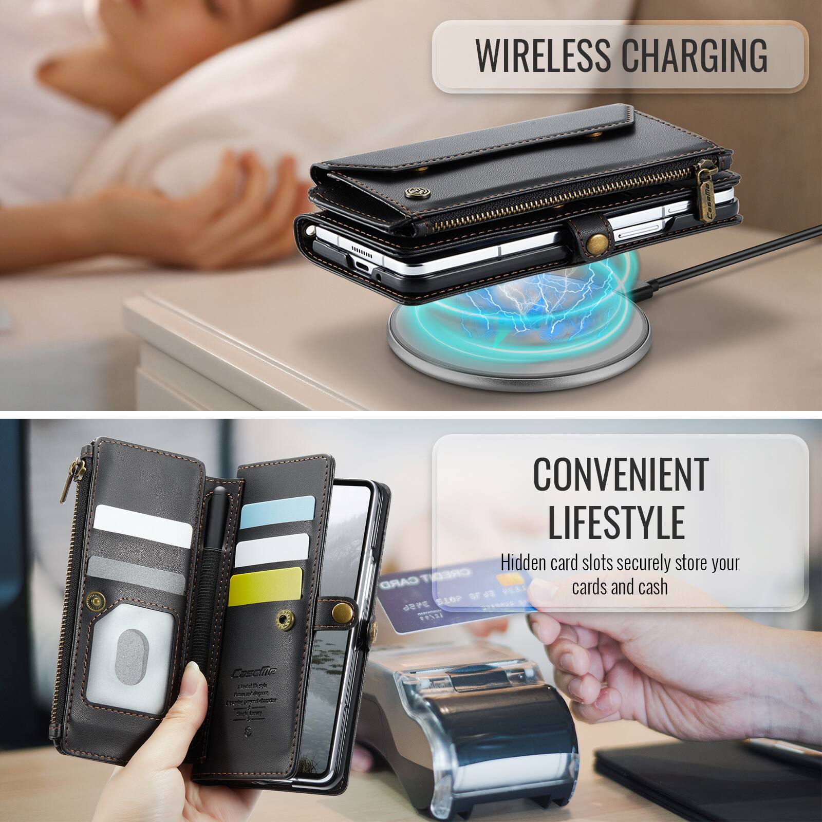 WIRELESS CHARGING

CONVENIENT LIFESTYLE

Hidden card slots securely store your CARD CREDIT