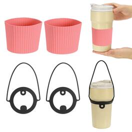 Unique Bargains - Silicone Cup Sleeve, 2pcs Coffee Sleeves with Black Handle Strap, Heat Resistant Reusable Nonslip for Coffee Tea Drinks - Dark Pink
