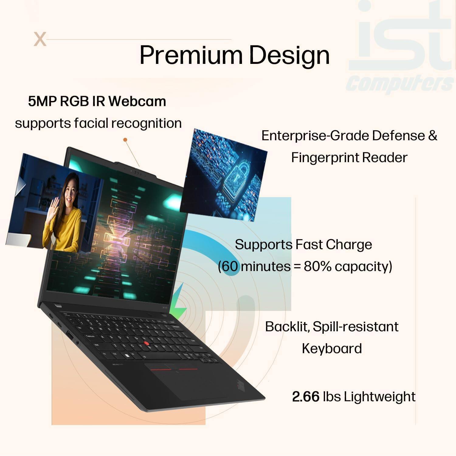 Premium Design

- 5MP RGB IR Webcam supports facial recognition
- Enterprise-Grade Defense & Fingerprint Reader
- Supports Fast Charge (60 minutes = 80% capacity)
- Backlit, Spill-resistant Keyboard
- 2.66 lbs Lightweight