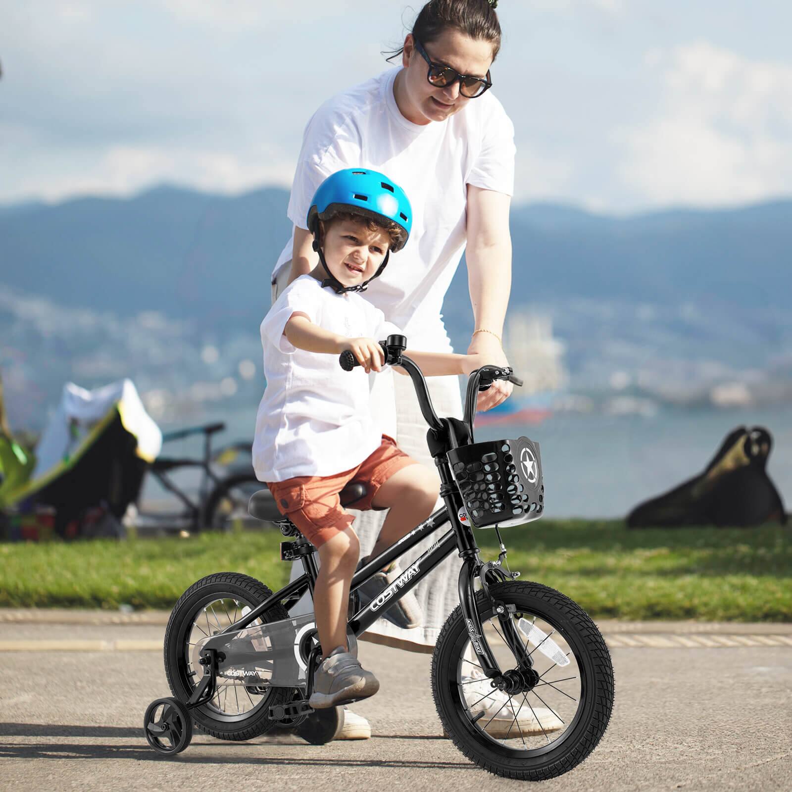 Alt View 1. Costway - Costway 14" Kid's Bike with Training Wheels Adjustable Handlebar & Seat Handbrake - Black.