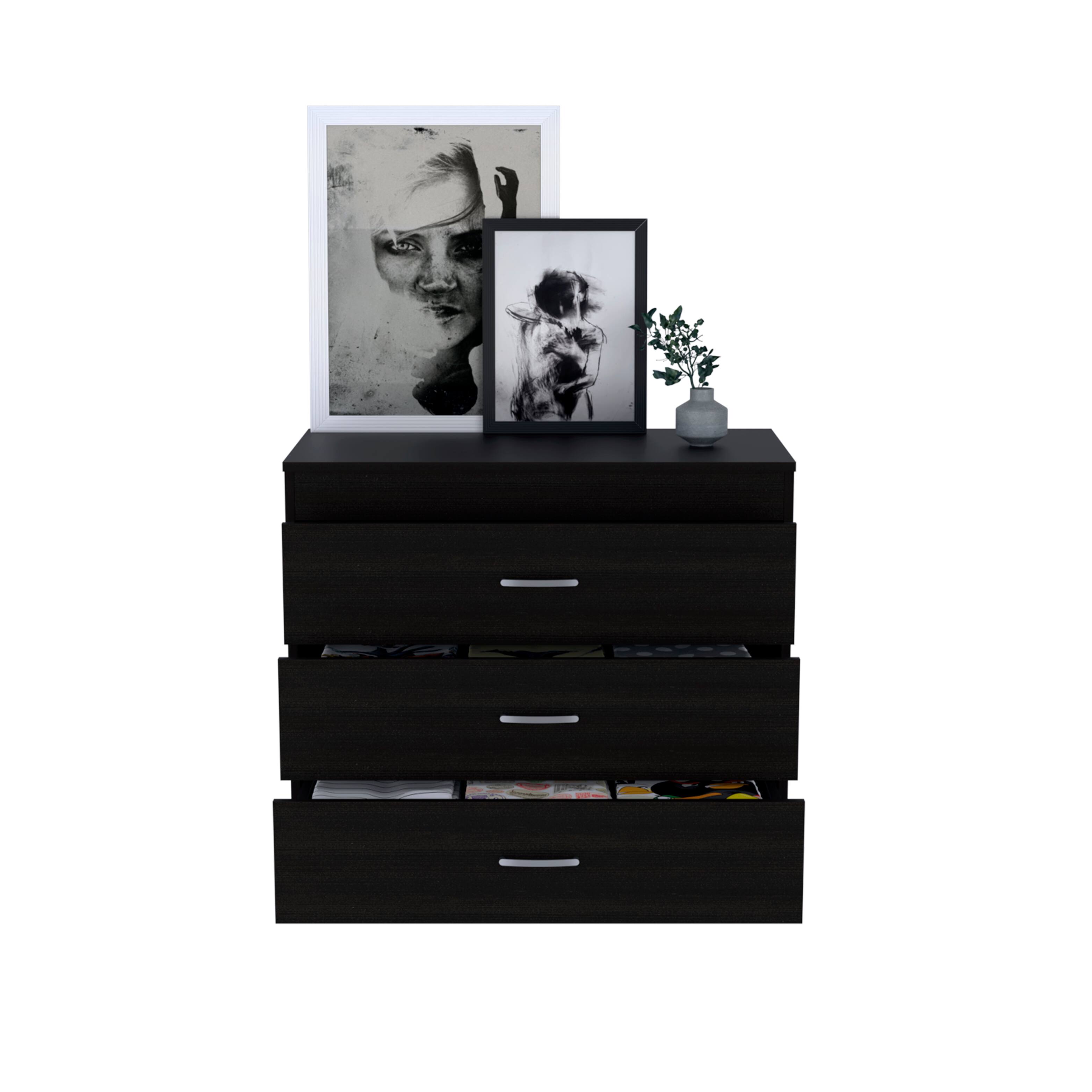 Alt View 1. TuHome - Melia Three Drawer Dresser, Superior Top, Metal Hardware - Black.