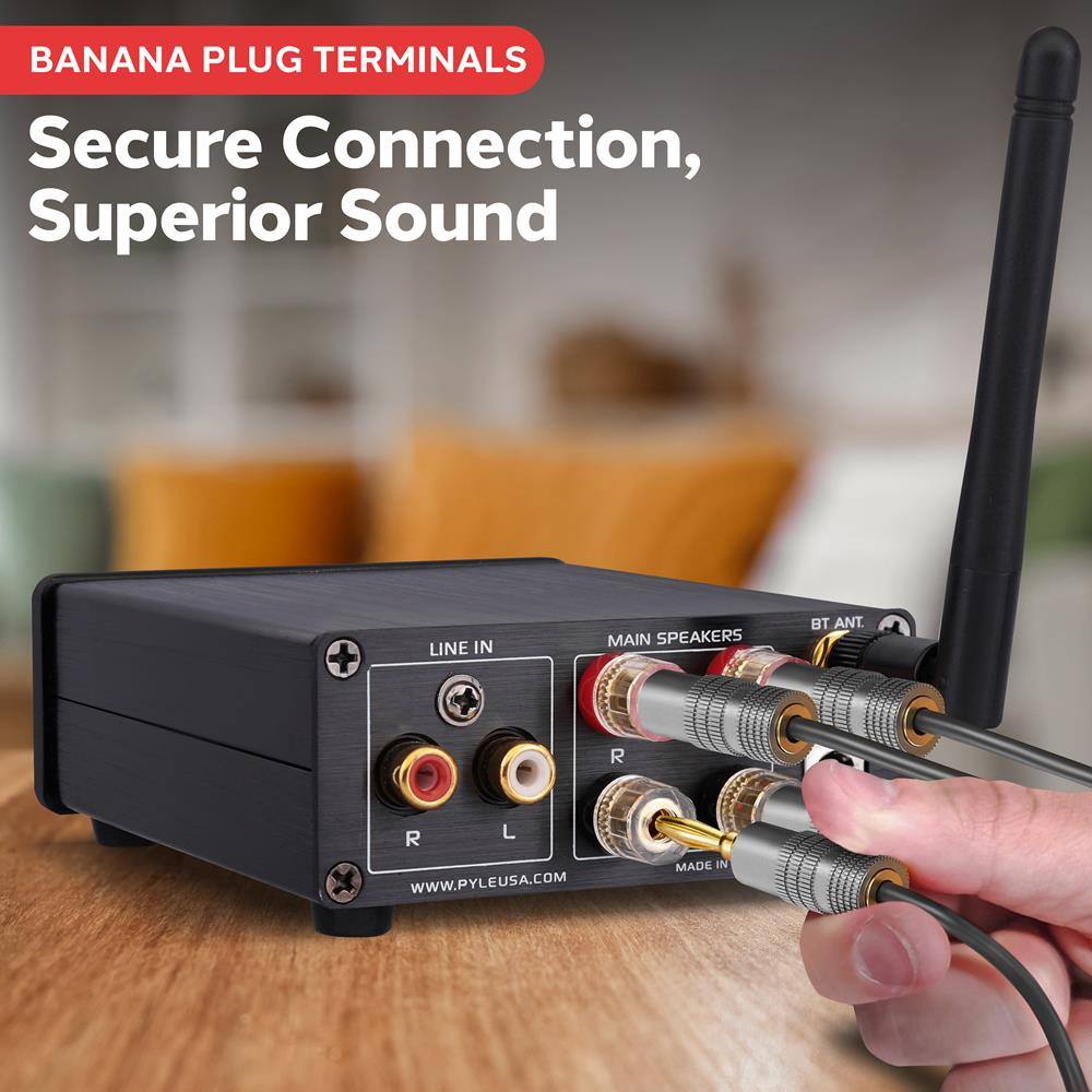 BANANA PLUG TERMINALS  
Secure Connection, Superior Sound  

LINE IN  
R L  

MAIN SPEAKERS  
R L  

BT ANT.  

MADE IN  

WWW.PYLEUSA.COM