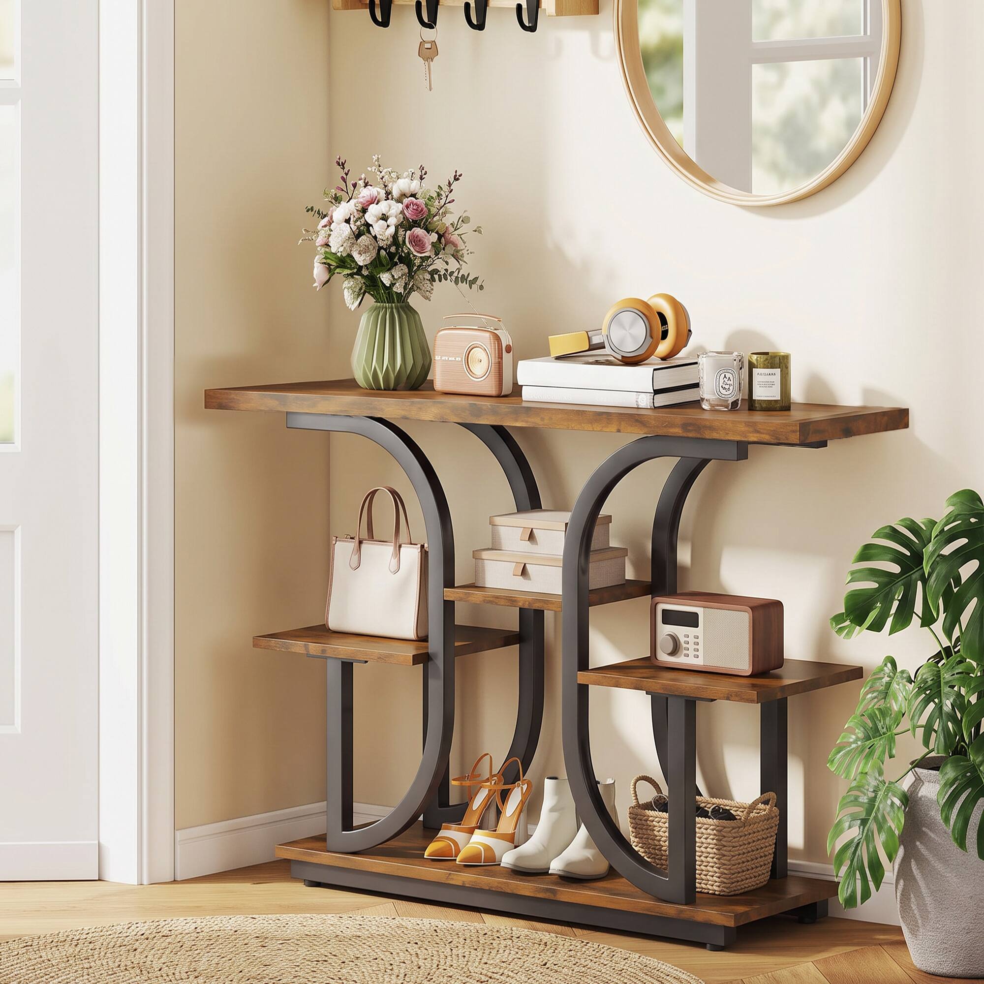 Alt View 7. Homcom - Modern Console Table, 3-Tier Narrow Entryway Table with Open Storage Shelves for Entryway - Rustic Brown.