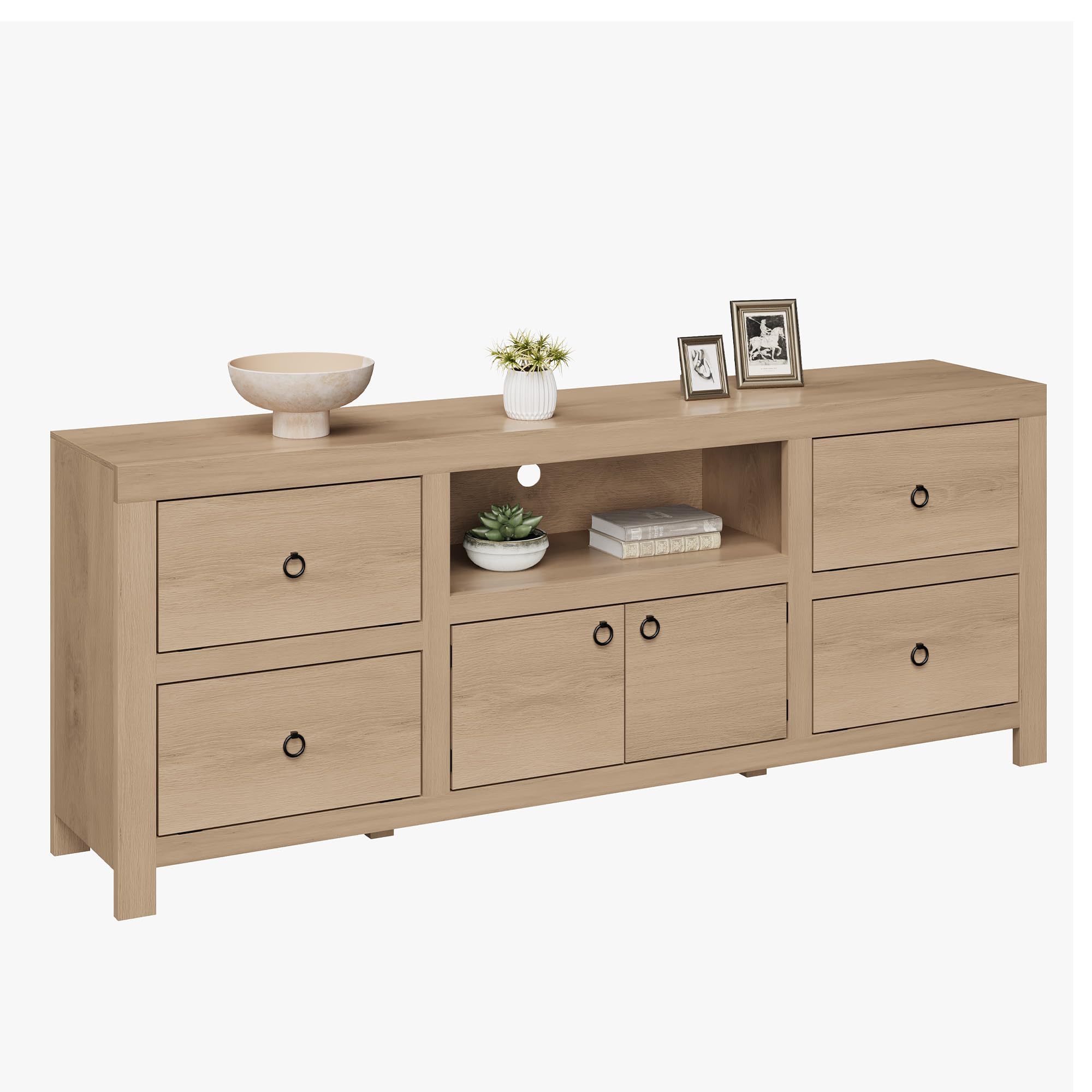 Left. Qeetex - 70 Inch Farmhouse TV Stand for 75/80 Inch TVs, Entertainment Center with 6 Drawers & Soundbar Shelf - Natural.