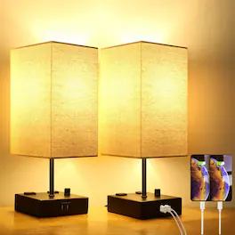 Nordic Hygge - Upgraded Fully Dimmable USB Bedside Table Lamp Set of 2, Nightstand Table Lamps with 2 USB Charging Ports 2 AC Outlets - Beige
