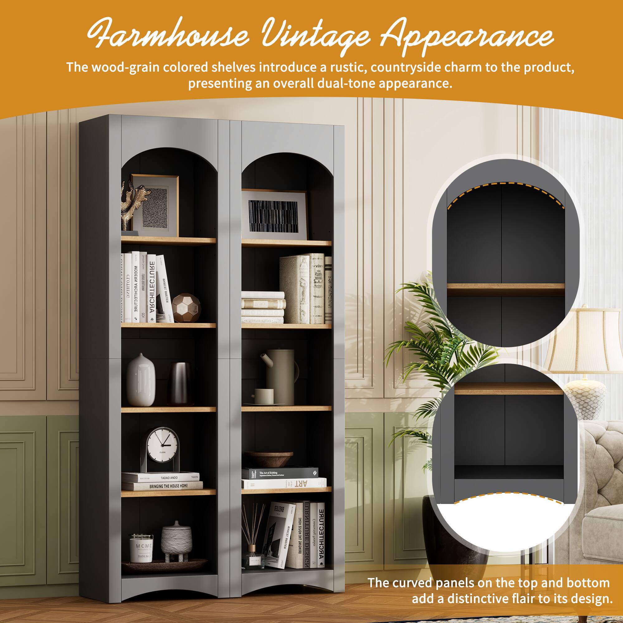 Farmhouse Vintage Appearance

The wood-grain colored shelves introduce a rustic, countryside charm to the product, presenting an overall dual-tone appearance.

The curved panels on the top and bottom add a distinctive flair to its design.