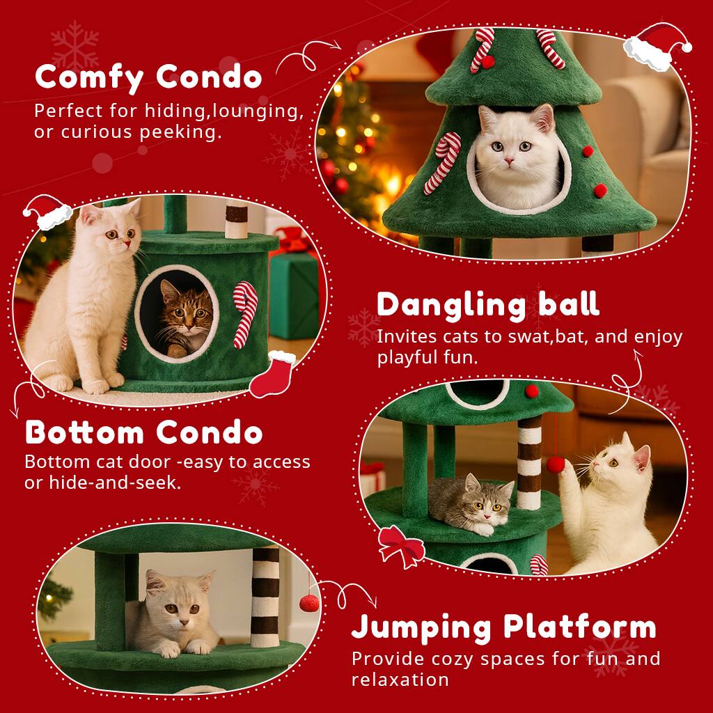 Comfy Condo  
Perfect for hiding, lounging, or curious peeking.

Dangling ball  
Invites cats to swat, bat, and enjoy playful fun.

Bottom Condo  
Bottom cat door - easy to access or hide-and-seek.

Jumping Platform  
Provide cozy spaces for fun and relaxation