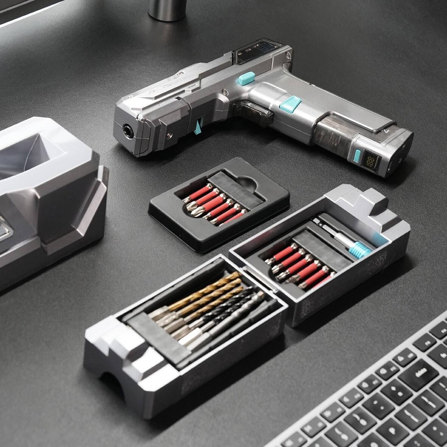Angle. MECHTRON - TL-G007S PRO Hammer Drill, Cordless Electric Screwdriver, 7.4V Rechargeable 2000mAh, 2-Speed 900RPM, Digital Display - Space Silver.