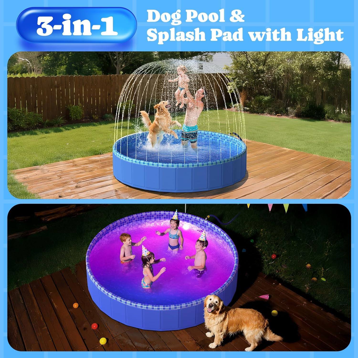 Dog Pool & Splash Pad with Light 3-in-1