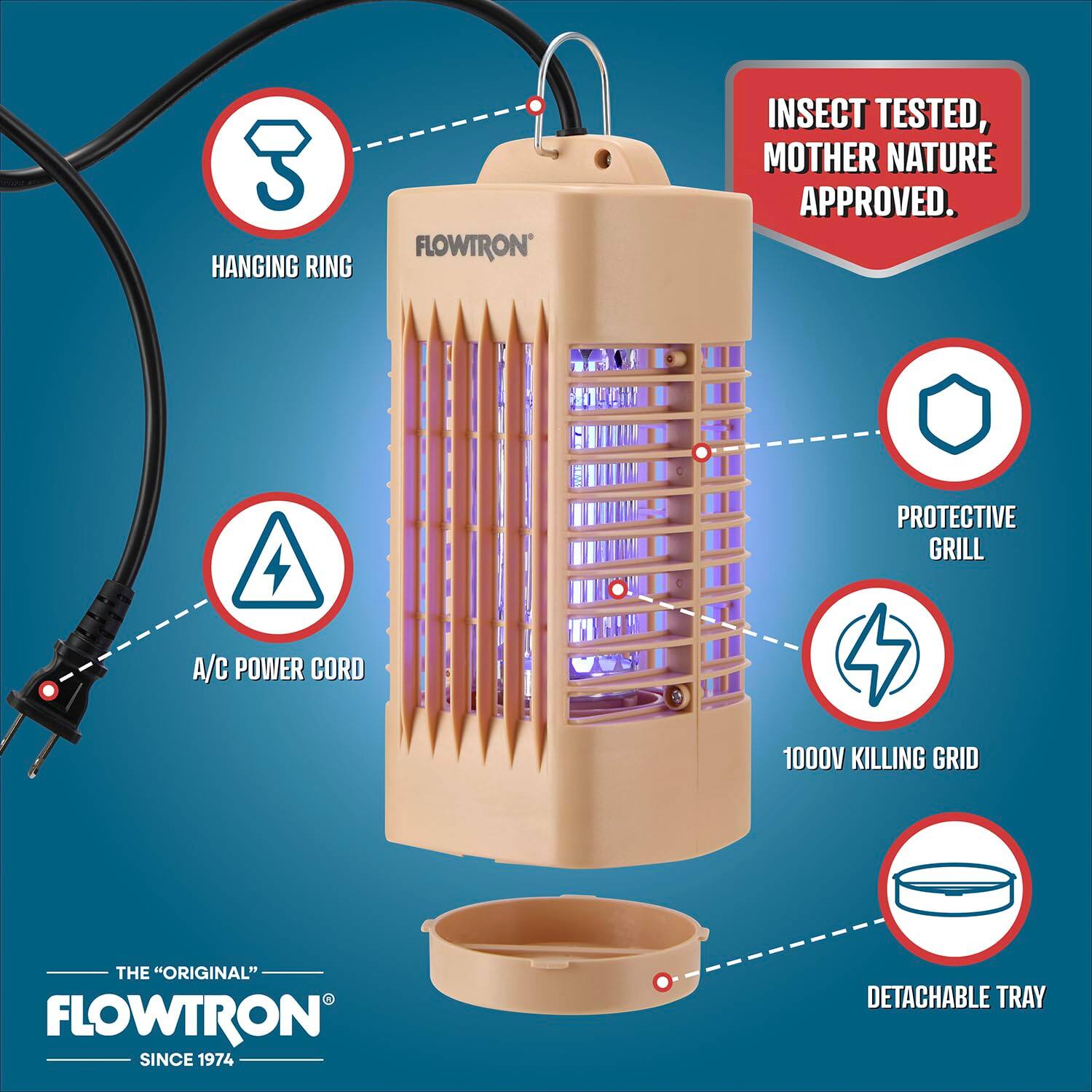 3 HANGING RING  
FLOWTRON INSECT TESTED, MOTHER NATURE APPROVED.  
PROTECTIVE GRILL  
A/C POWER CORD  
1000V KILLING GRID  
THE "ORIGINAL" FLOWTRON SINCE 1974  
DETACHABLE TRAY
