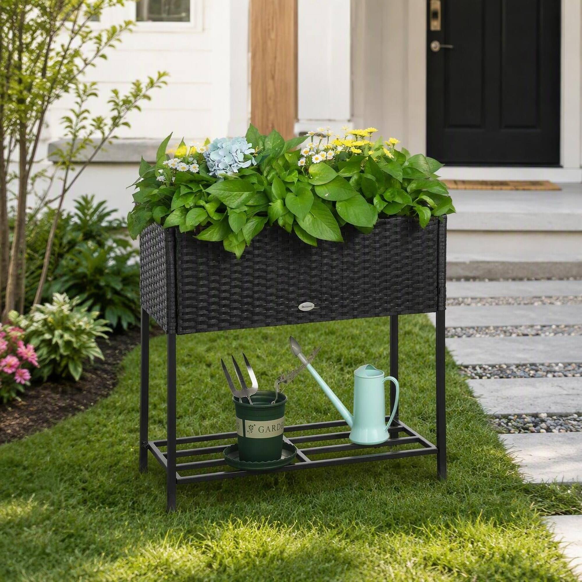 Alt View 1. RYHNUYNE - Raised Garden Bed Planter Box with Rattan Look, Steel Frame, Storage Shelf, Portable for Herbs Vegetables Flowers - Black.