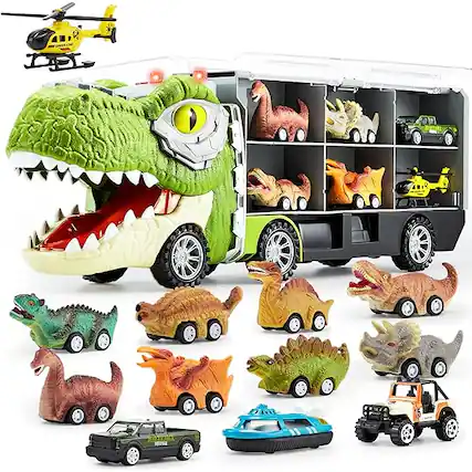 Front. Joyfy - 13 in 1 Dinosaur Toys for Kids 3-5, Transport Carrier Truck w/ 12 Pull Back Cars.