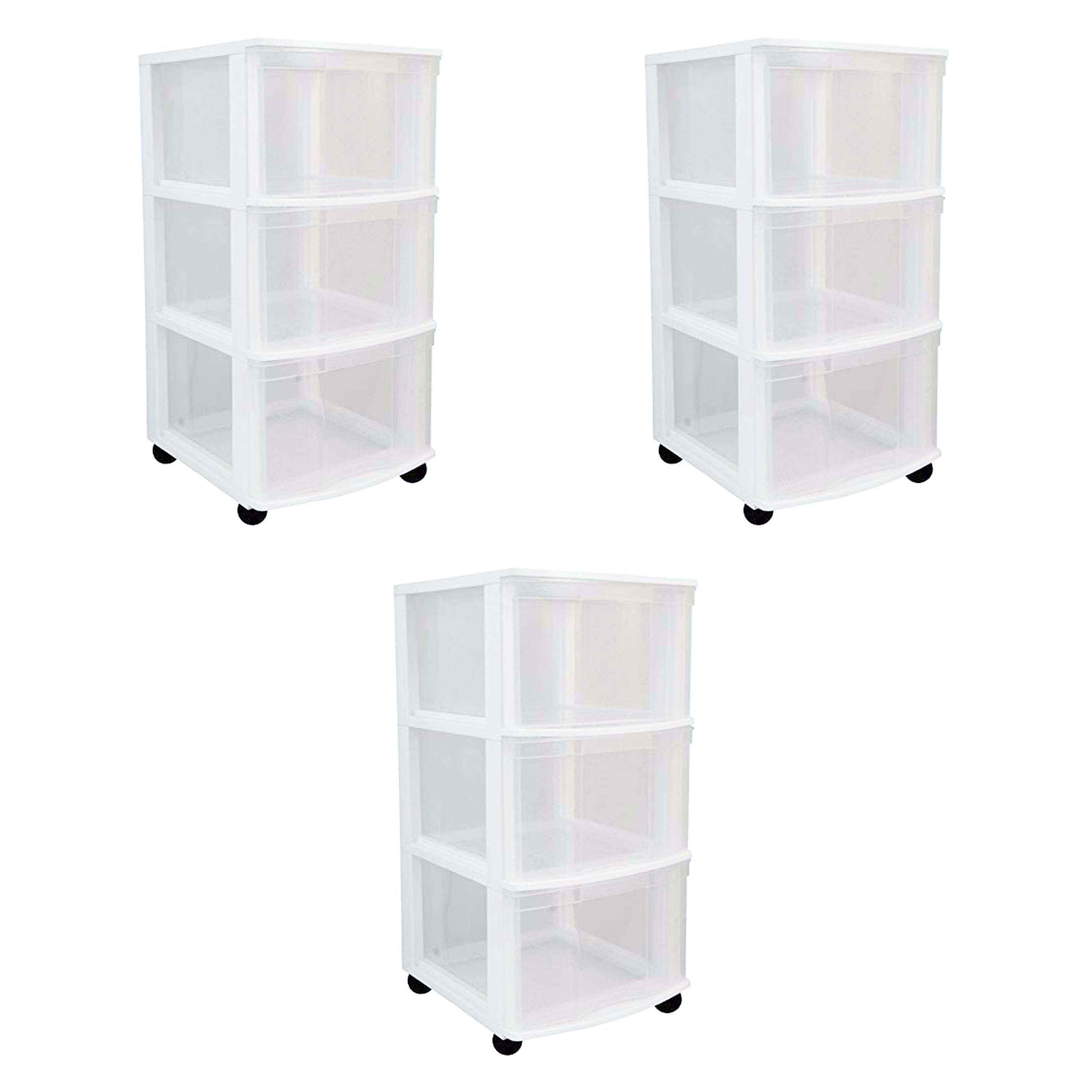 Gracious Living - Classic 3 Drawer Organizer Plastic Storage Cart w/Wheels(3 Pack) - Clear