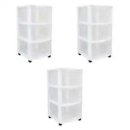 Gracious Living - Classic 3 Drawer Organizer Plastic Storage Cart w/Wheels(3 Pack) - Clear