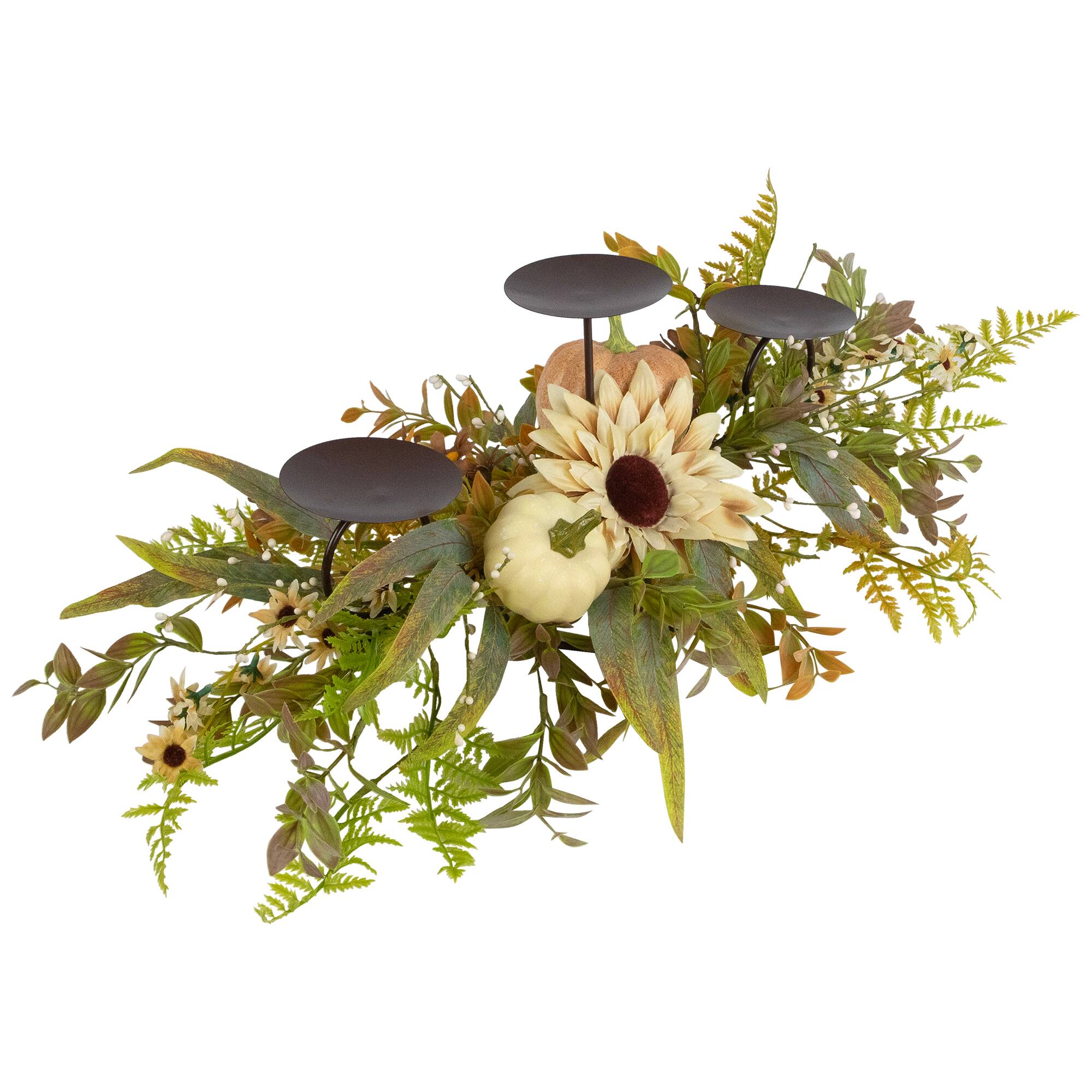 Alt View 2. Northlight - Sunflowers and Pumpkins Fall Harvest Triple Pillar Candleholder - 28" - Green.