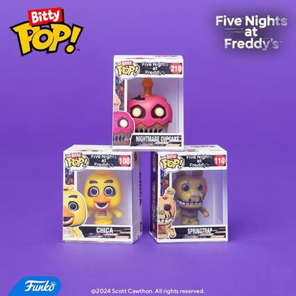 Bitty POP! Five Nights at Freddy's NIGHTMARE CUPCAKE (218), Bitty POP! Five Nights at Freddy's CHICA (108), Bitty POP! Five Nights at Freddy's SPRINGTRAP (110). Funko ©2024 Scott Cawthon. All rights reserved.