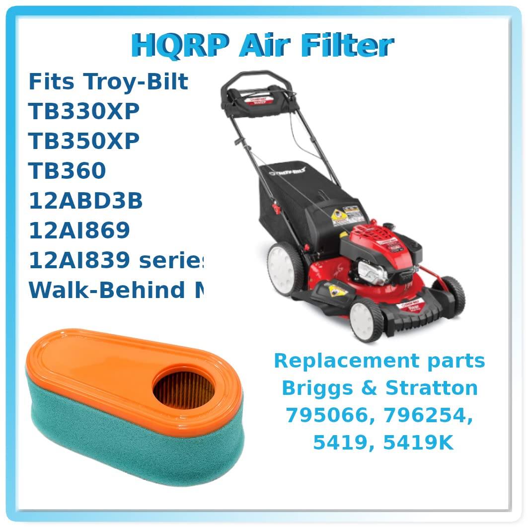 HQRP Air Filter

Fits Troy-Bilt  
TB330XP  
TB350XP  
TB360  
12ABD3B  
12AI869  
12AI839 series  
Walk-Behind  

Replacement parts  
Briggs & Stratton  
795066, 796254,  
5419, 5419K