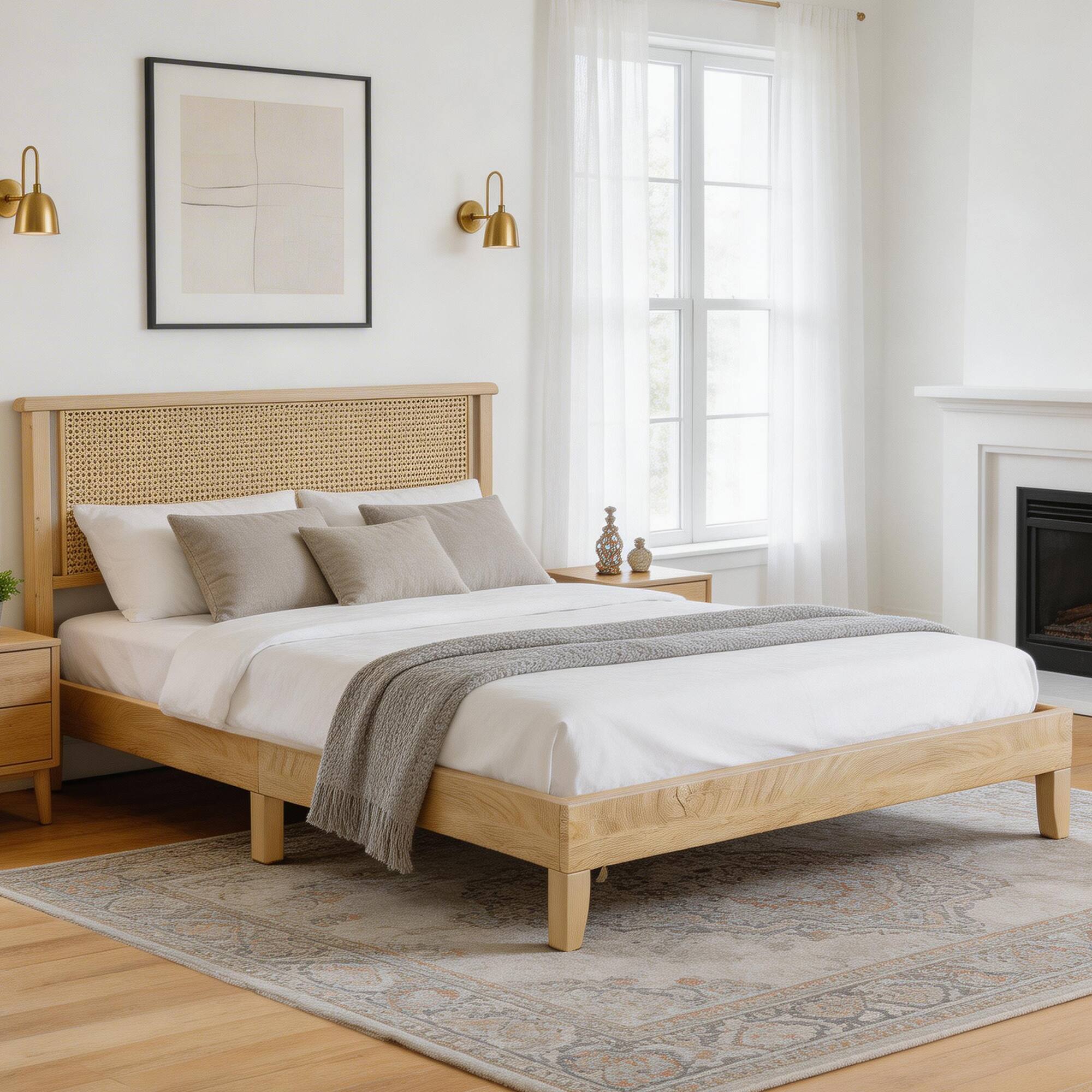 Left. Vipbear - F/Q/K Wooden Bed Frame with Rattan Headboard, Platform Bed Frame with Solid Wood Slat Support, No Box Spring Needed - Nature.