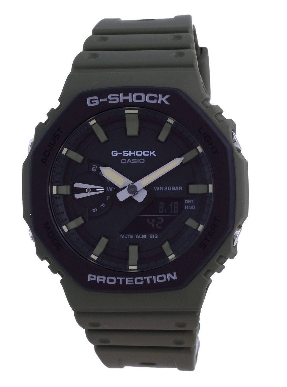 G-SHOCK ADJUST G-SHOCK LIGHT CASIO SU O W WR 20BAR T DST m S F 8.18 HND 42 MODE MUTE ALM SIG START PROTECTION