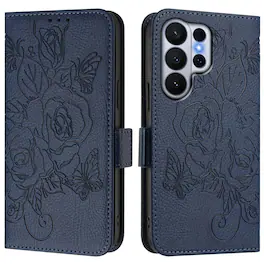 Dteck - Embossed Texture Case for Samsung Galaxy S26 Ultra,PU Leather Card Holder Wallet Case,Magnetic Closure Flip Cover+Strap - Darkblue