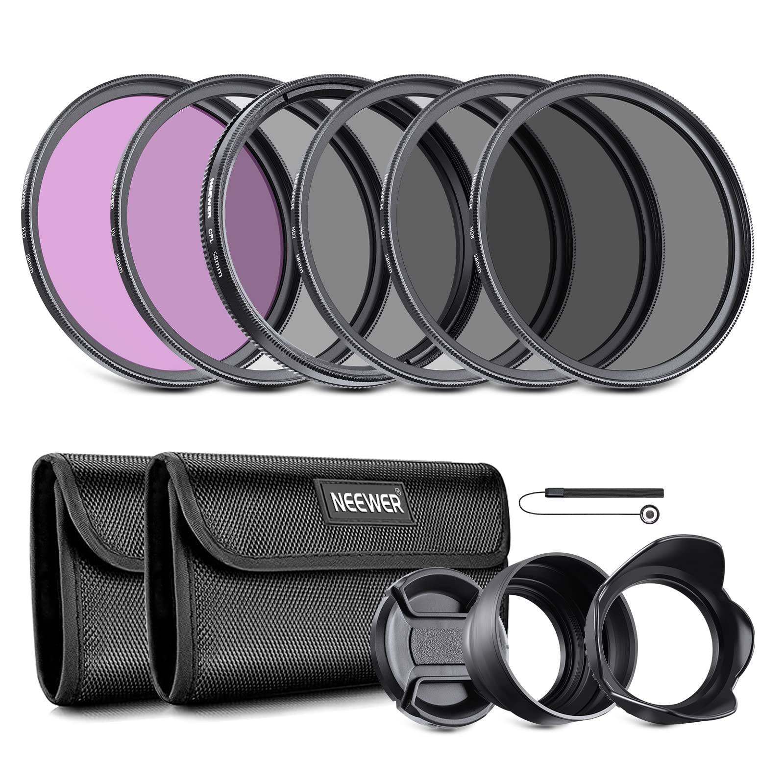 Front. Neewer - 58mm 7-in-1 Camera Filter Kit - Includes UV, CPL, FLD, ND Set & Lens Hood for DSLR - Black.