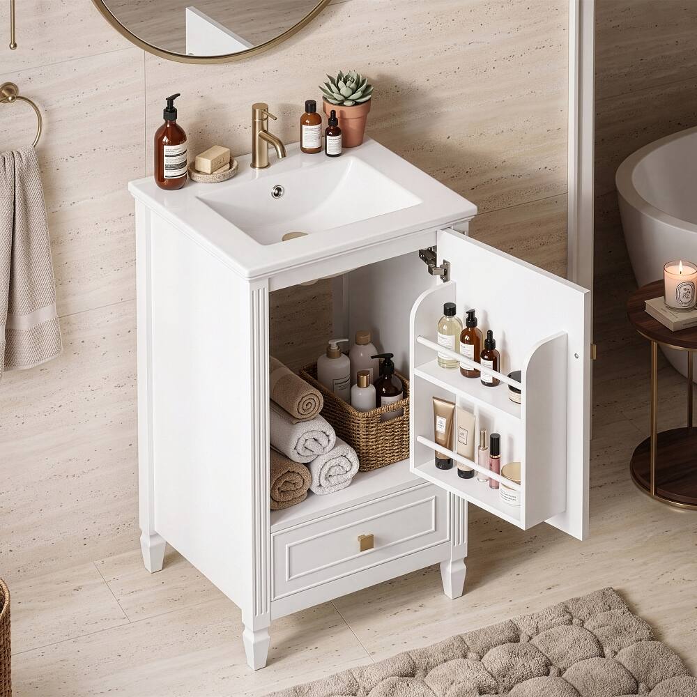 Left. Loheer - Loheer 20 inch Bathroom Vanity with Sink, Freestanding White Vanity with Ceramic Basin and Storage Drawer - White.