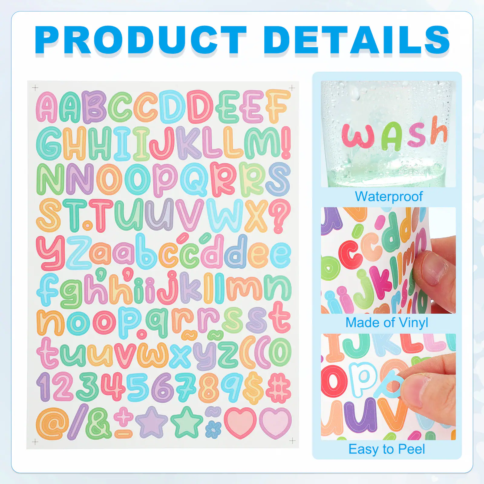 PRODUCT DETAILS

AABCCDDEEF GHHIIJKLLM! WAsh NNOOPQRRS Waterproof STTUUVWX? YZaabccddee fghhiijkllmn oopqrrsst jk Made of Vinyl tuuvwxyzclo CCO JUKL 123456789$ oP6 @/&t uv + Easy to Peel