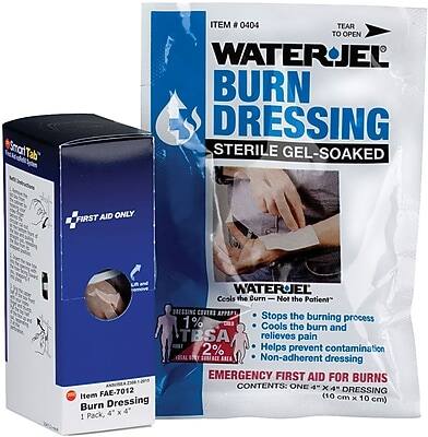 **SmarTab ITEM # 0404**

**WATERJEL BURN DRESSING**
**STERILE GEL-SOAKED**

**FIRST AID ONLY**

**Item FAE-7012 Burn Dressing 4 x 4 1 Pack, WATERJEL**

**WATERJEL Burns Patient:**
- Cools the burn
- Stops the burning process
- Relieves pain
- Helps prevent contamination
- Non-adherent dressing

**EMERGENCY FIRST AID FOR BURNS**

**CONTENTS: ONE 4" x 4" DRESSING (10 cm x 10 cm)**

**1% EBO Cools the burn and TBSA relieves pain**
**2% Helps prevent contamination**

**TEAR TO OPEN**