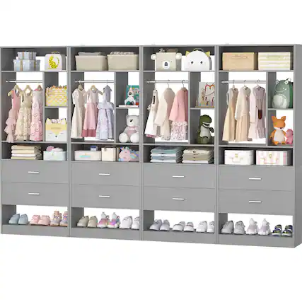 Front. Aheaplus - 96" Walk-in Closet Organizer 4pc Set - 8 Wood Drawers, 20+ Shelves, 2 Hanging Rods (96"L x 15"W x 80"H) - Gray.