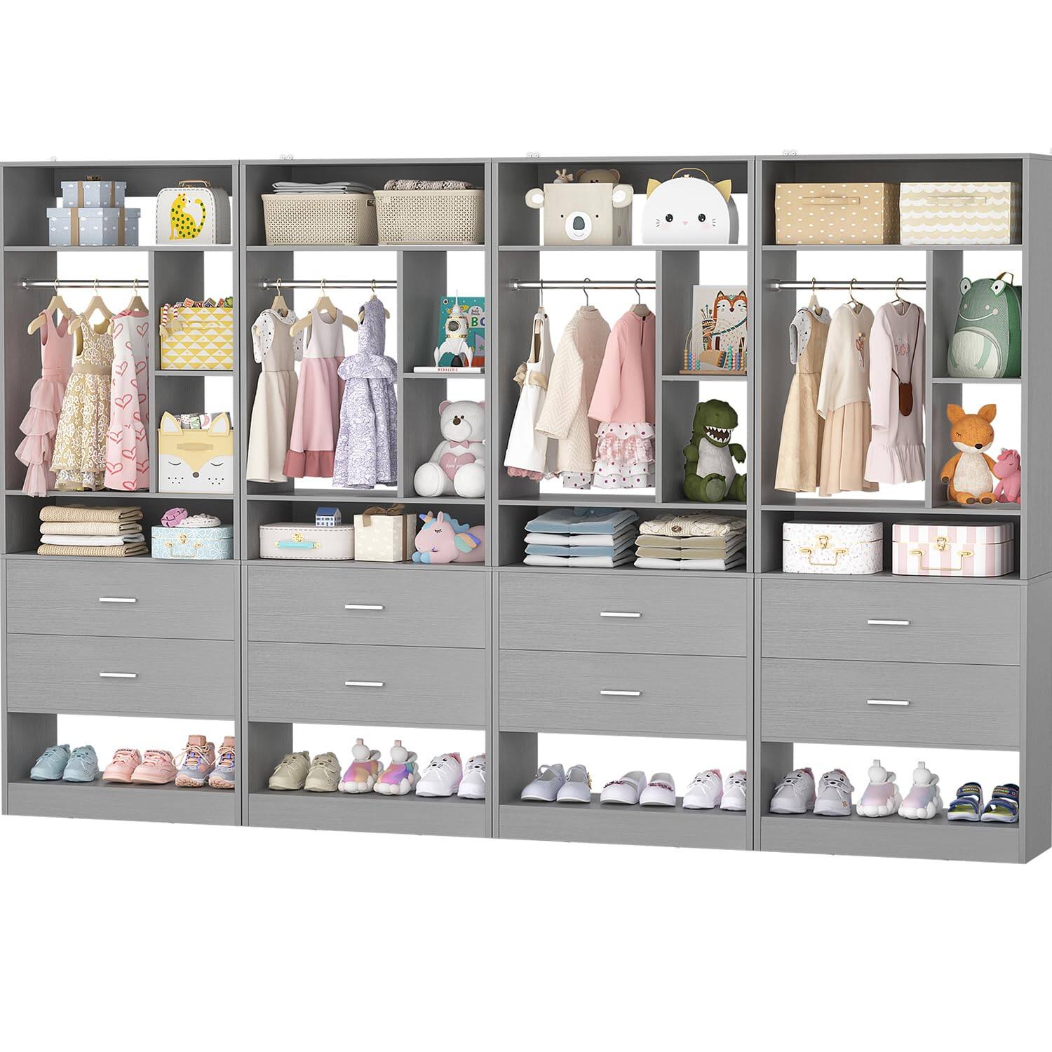 Front. Aheaplus - 96" Walk-in Closet Organizer 4pc Set - 8 Wood Drawers, 20+ Shelves, 2 Hanging Rods (96"L x 15"W x 80"H) - Gray.