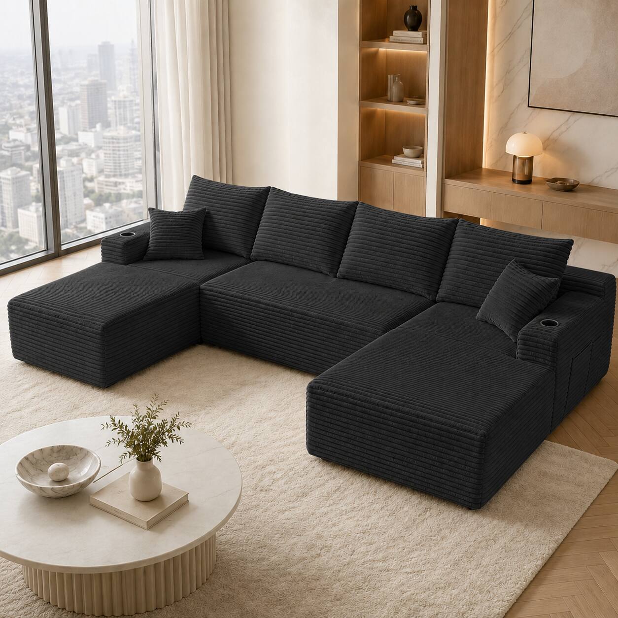 Angle. Anysun - 134" Modern Modular Design U-Shape Cloud Sectional Sofa with Side Pockets & Cup Holders, Deep Seating - Grey.