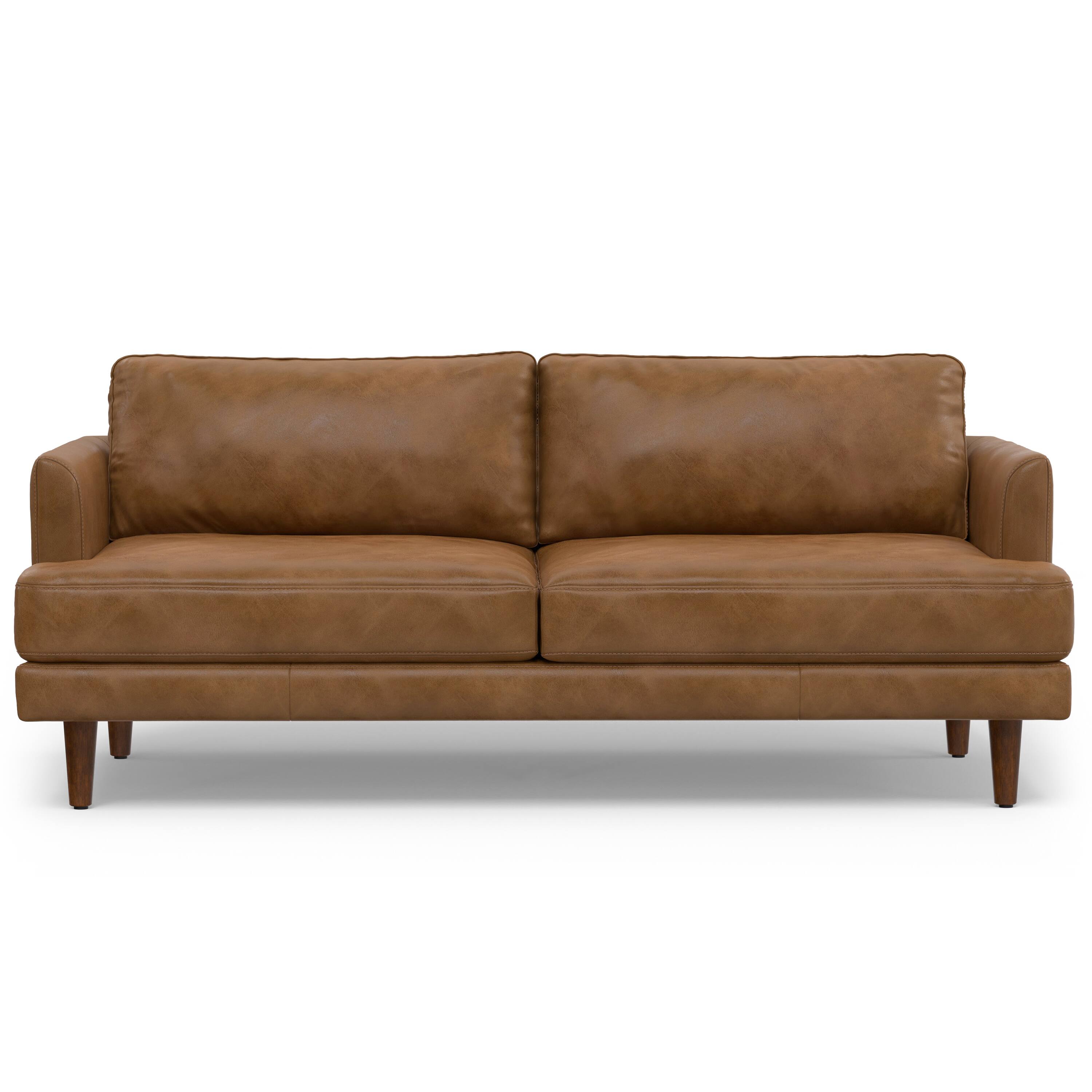 Back. Simpli Home - Livingston 76 inch Wide Mid-Century Modern Sofa in Caramel Brown Top Grain Genuine Leather - Caramel Brown.