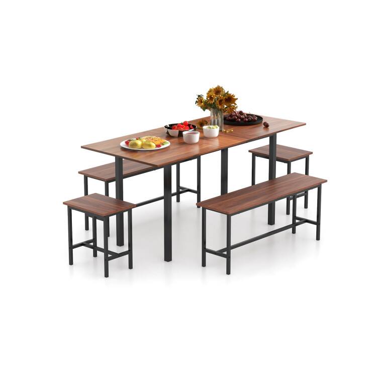 Front. SlickBlue - 5-Piece Dining Table Set with 2 Benches and 2 Stools for Kitchen or Dining Room - Walnut.