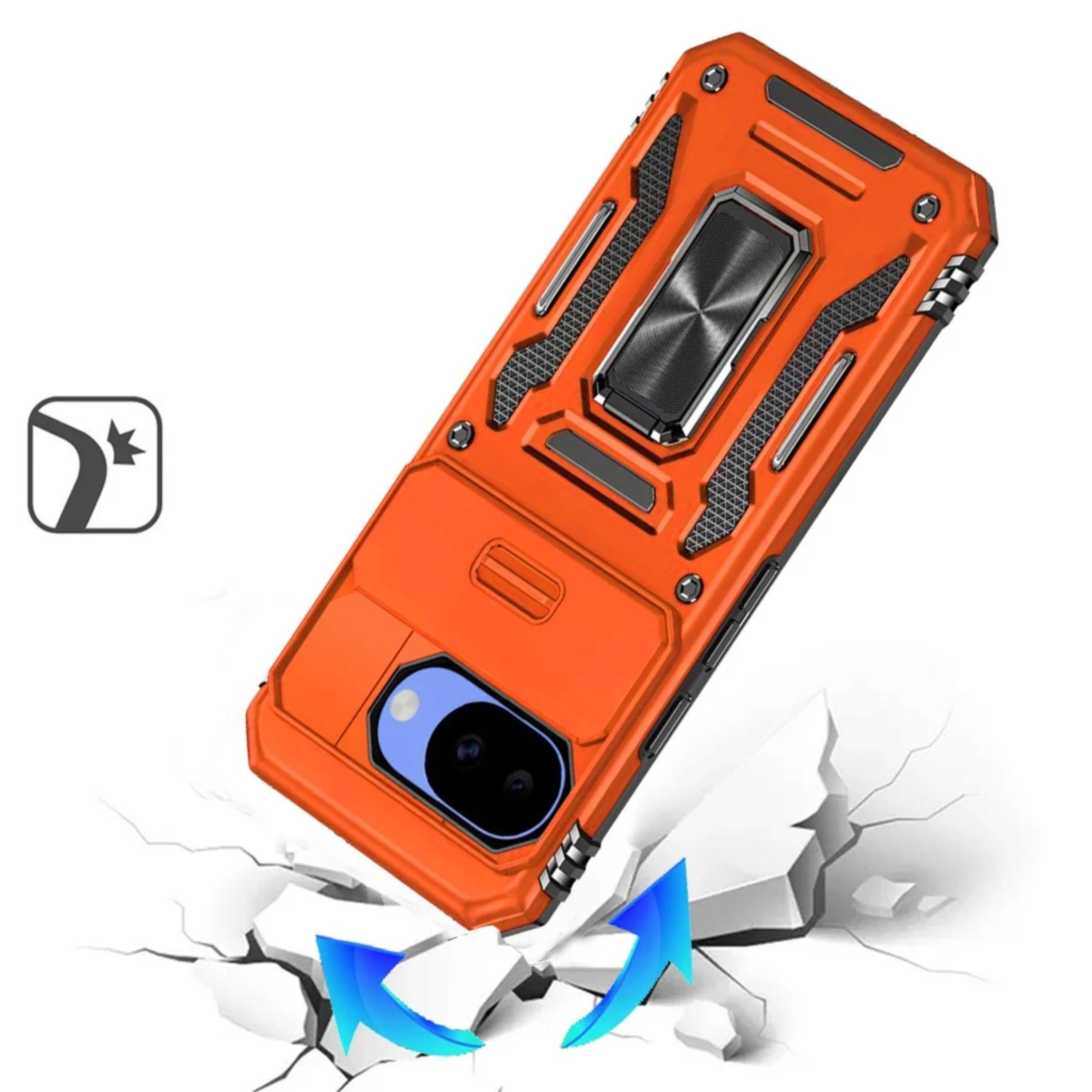 Left. Kitcheniva - Shockproof Camera Lens Sliding Cover Magnetic Ring Stand Phone Case With Tempered Glass For Google Pixel 10a Cosmic Oran - Cosmic Orange.